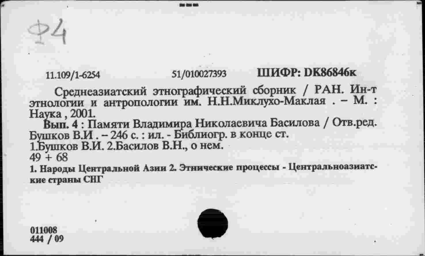 ﻿11.109/1-6254	51/010027393 ШИФР: DK86846K
Среднеазиатский этнографический сборник / РАН. Ин-т этнологии и антропологии им. Н.Н.Миклухо-Маклая . — М. : Наука, 2001.
Вып. 4 : Памяти Владимира Николаевича Василова / Отв.ред. Бушков В.И . - 246 с. : ил. - Библиогр. в конце ст.
І.Бушков В.И. 2.Басилов В.Н., о нем.
49 + 68
1. Народы Центральной Азии 2. Этнические процессы - Центральноазиатские страны СНГ
011008
444 / 09